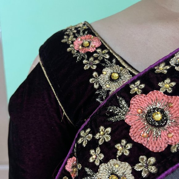 Grand Wine Coloured Lehenga Embellished with Pink and Gold Embroidered Flowers - Picture 5 of 17